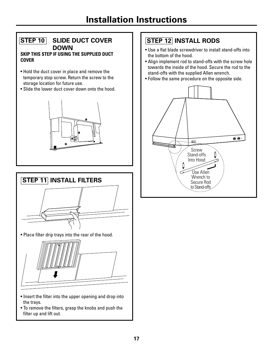 Step 10, slide duct cover down, Step 11, install filters, Step 12, install rods | Installation instructions | GE Island Vent Hood ZV421 ZV541 User Manual | Page 17 / 20
