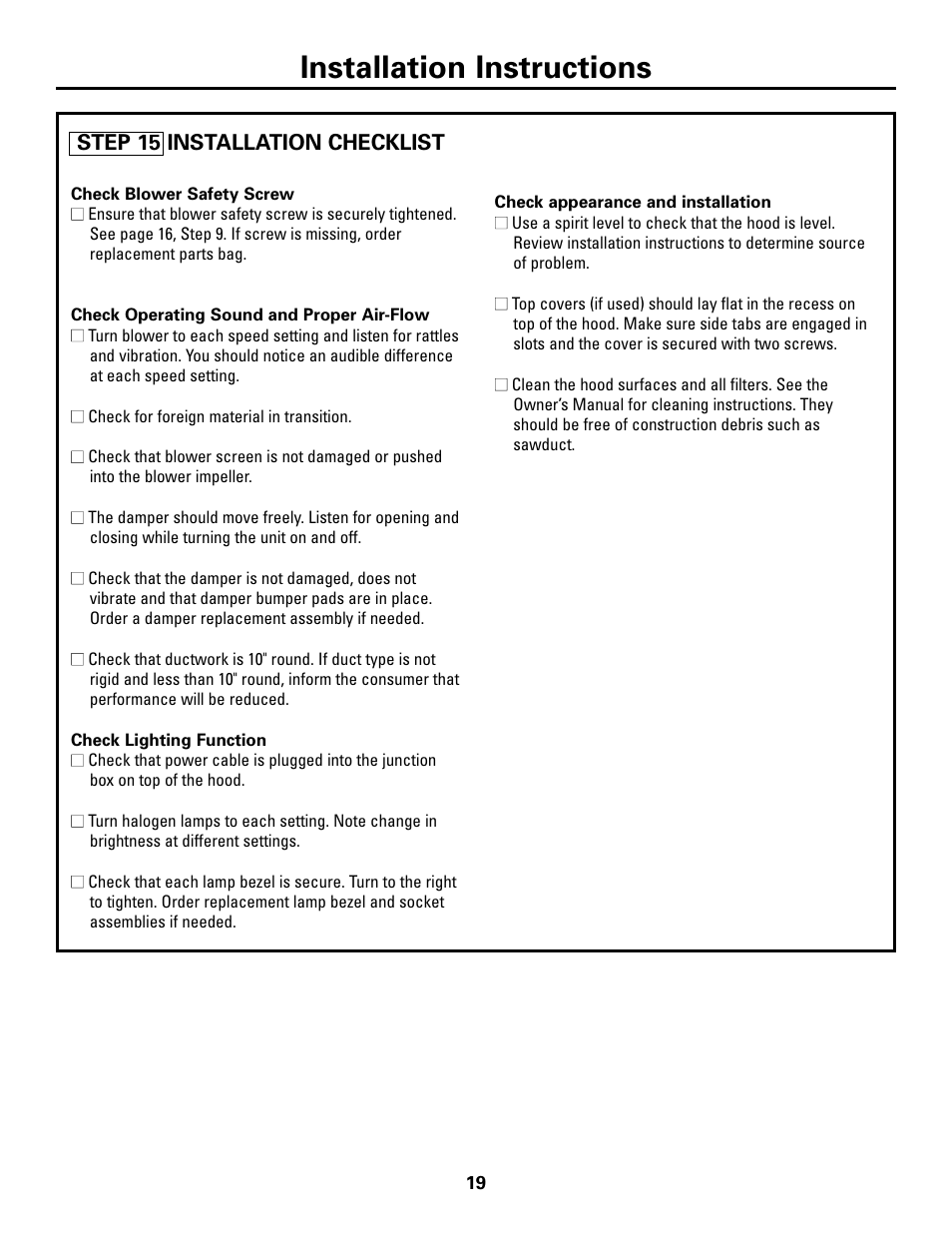 Step 15, installation checklist, Installation instructions, Step 15 installation checklist | GE Island Vent Hood ZV421 ZV541 User Manual | Page 19 / 20