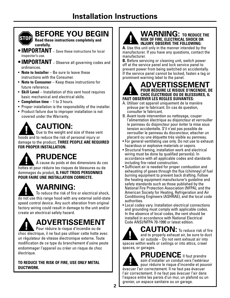 Installation instructions warning, Advertissement, Caution | Prudence, Before you begin, Warning, Important | GE Island Vent Hood ZV421 ZV541 User Manual | Page 2 / 20