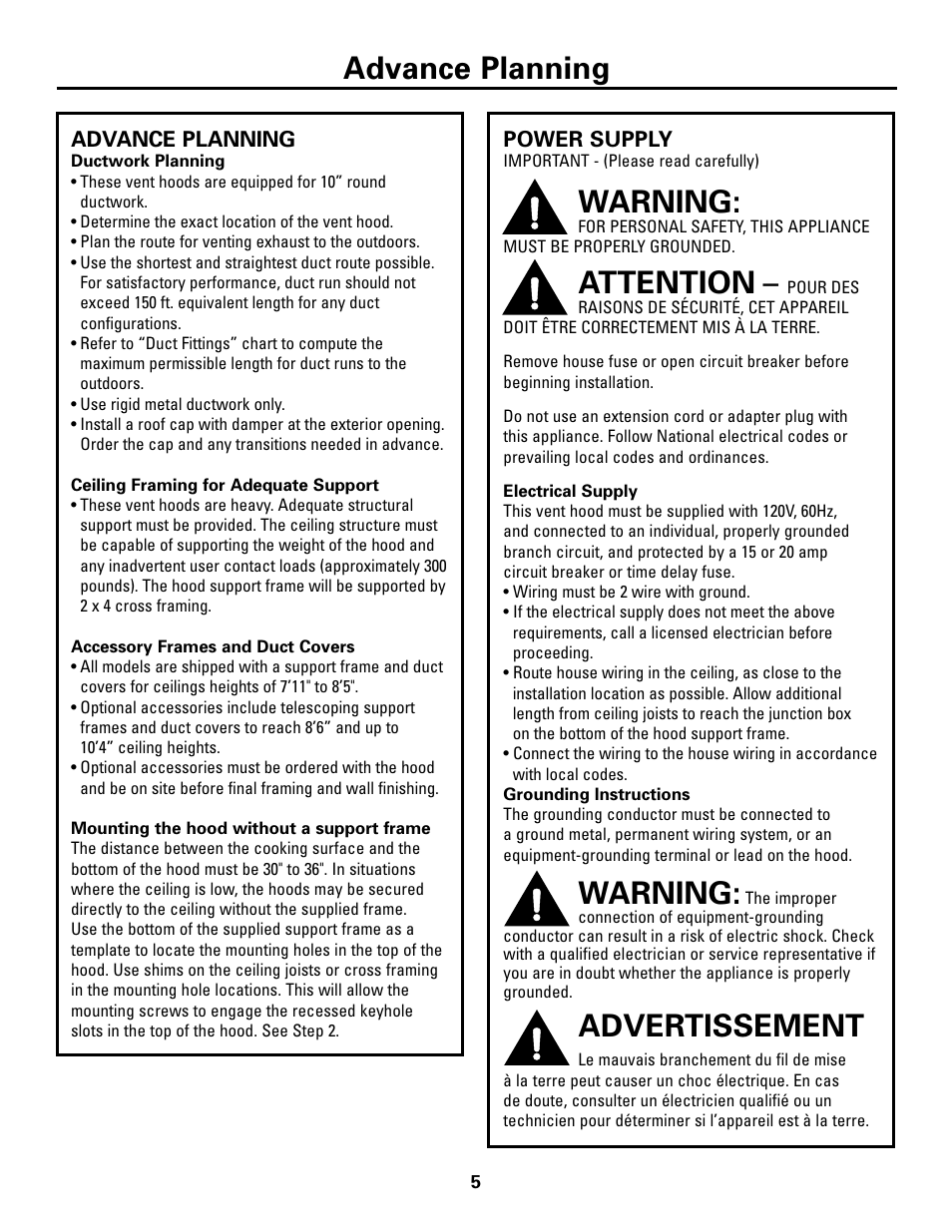 Ductwork planning, Ceiling framing for support, Accessory frames and duct covers | Power supply, Advance planning, Warning, Attention, Advertissement | GE Island Vent Hood ZV421 ZV541 User Manual | Page 5 / 20