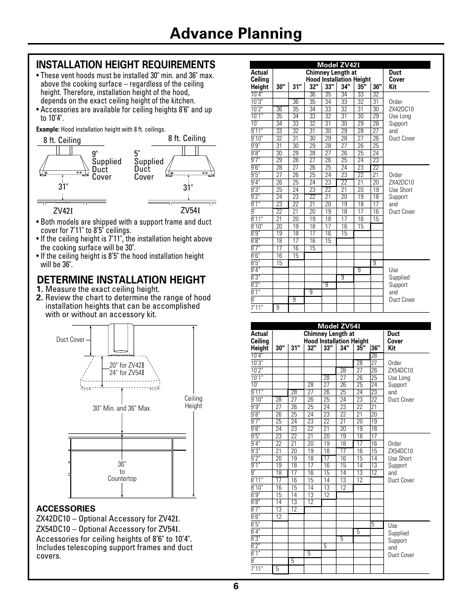 Installation height, Advance planning, Installation height requirements | Determine installation height | GE Island Vent Hood ZV421 ZV541 User Manual | Page 6 / 20
