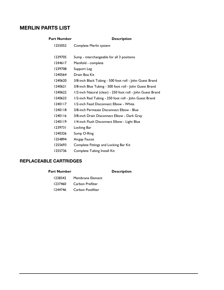 Merlin parts list, Replaceable cartridges | GE Merlin User Manual | Page 22 / 28