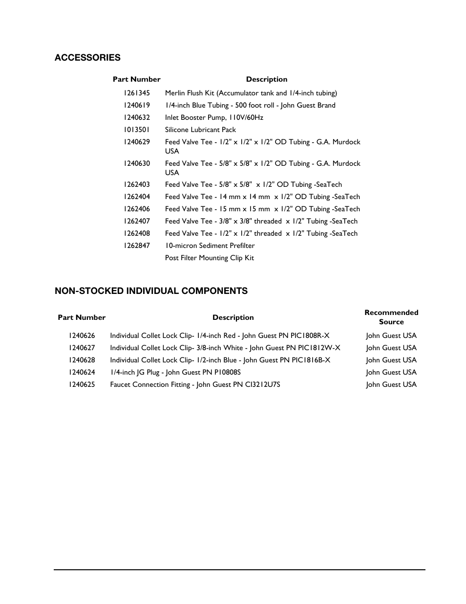 Accessories, Non-stocked individual components | GE Merlin User Manual | Page 23 / 28