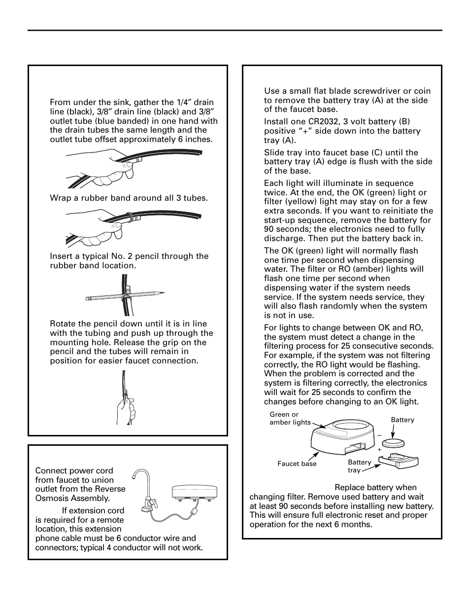 Battery installation, Installation instructions faucet assembly (cont.), Optional one person faucet tubing installation | Power cord installation | GE PNRQ20FRI User Manual | Page 14 / 84