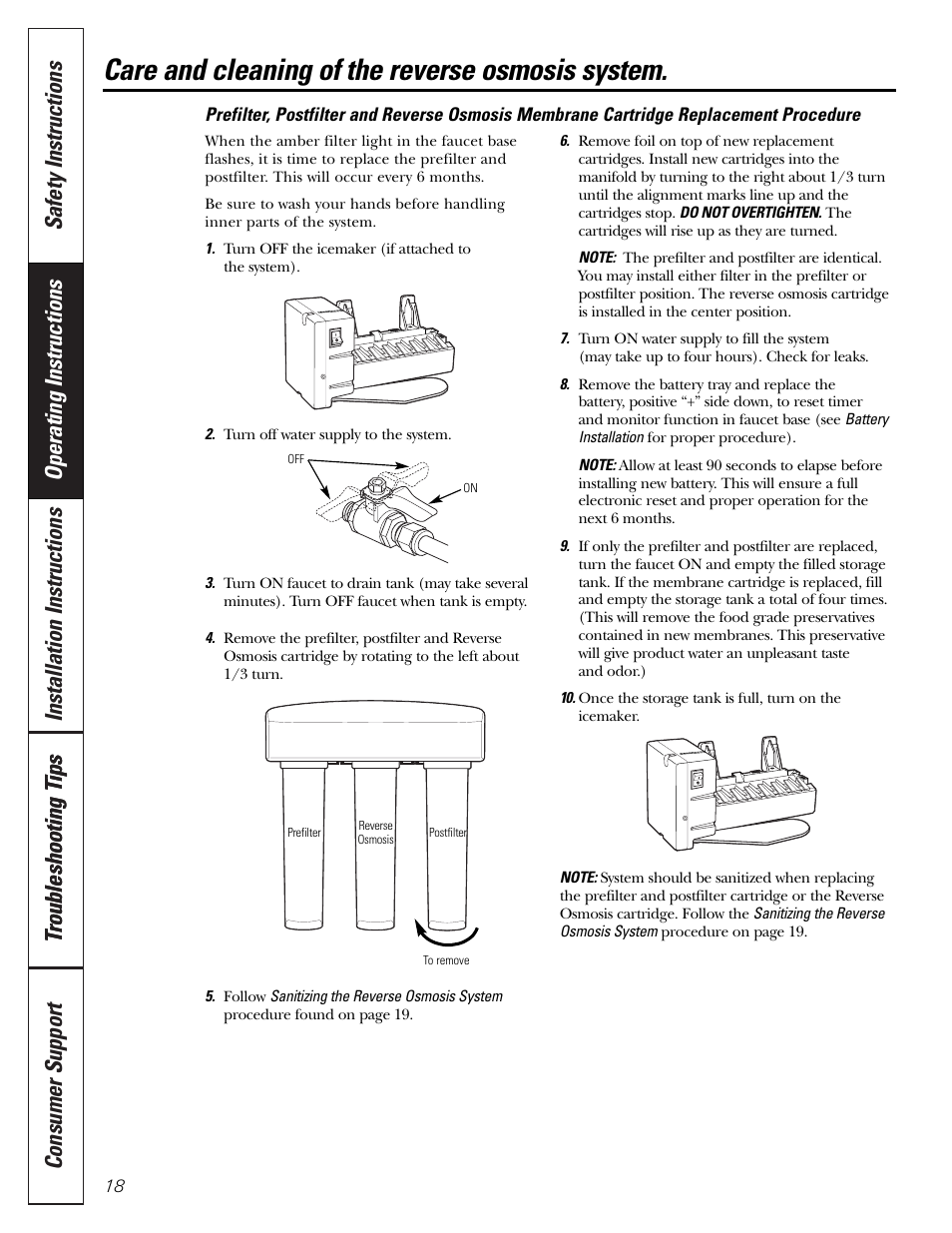 Prefilter, postfilter and ro cartridge replacement, Care and cleaning of the reverse osmosis system | GE PNRQ20FRI User Manual | Page 18 / 84