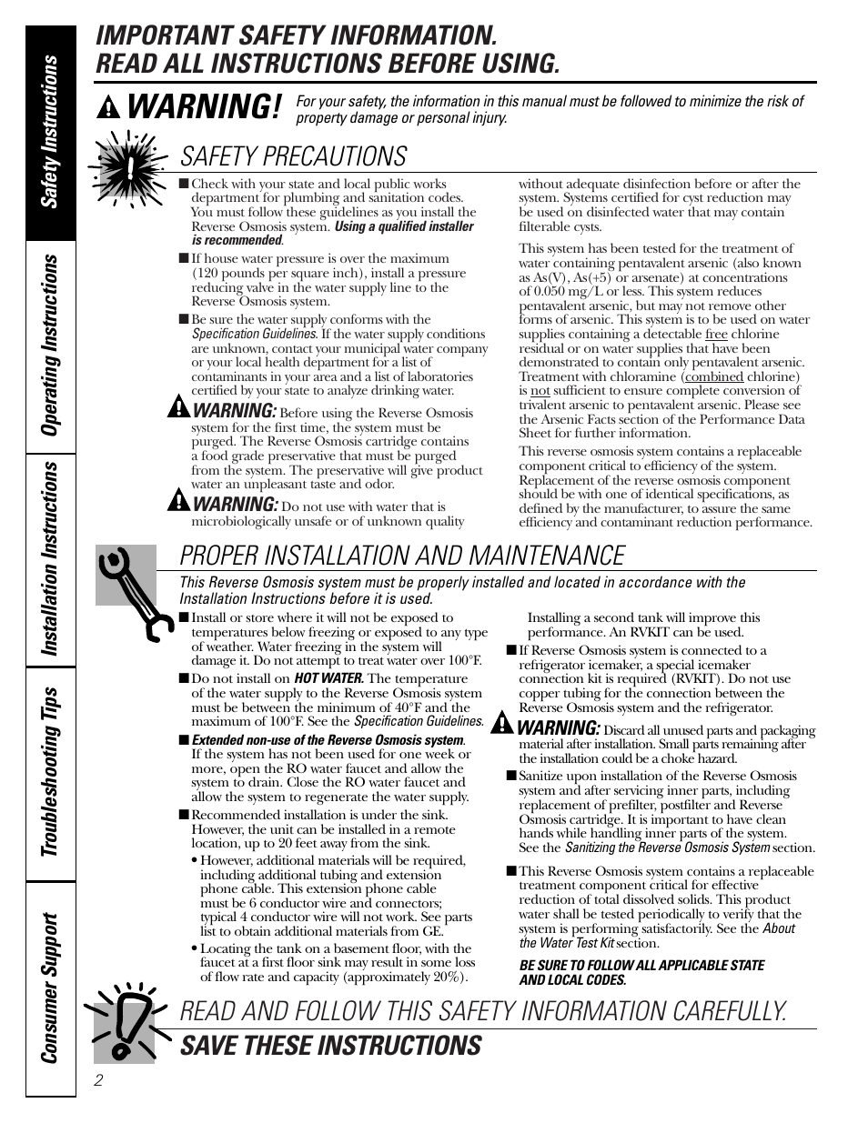 Safety instructions, Warning | GE PNRQ20FRI User Manual | Page 2 / 84