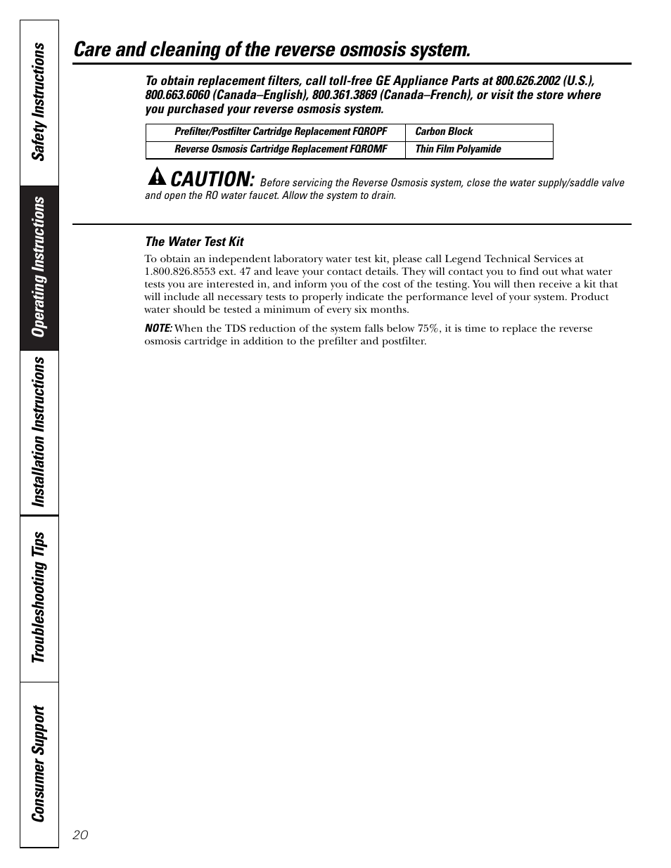 Water test kit, Care and cleaning of the reverse osmosis system, Caution | GE PNRQ20FRI User Manual | Page 20 / 84