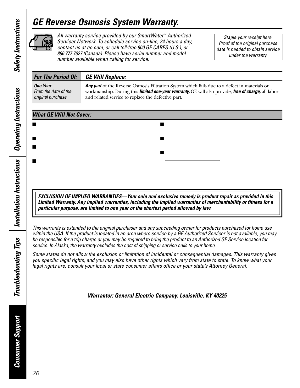 Warranty, Ge reverse osmosis system warranty | GE PNRQ20FRI User Manual | Page 26 / 84