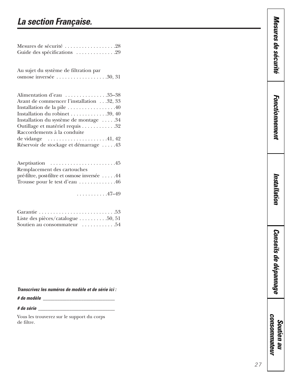 Francais, Mesures de sécurité, Fonctionnement | Instructions d’installation, Entretien et nettoyage, Soutien au consommateur | GE PNRQ20FRI User Manual | Page 27 / 84