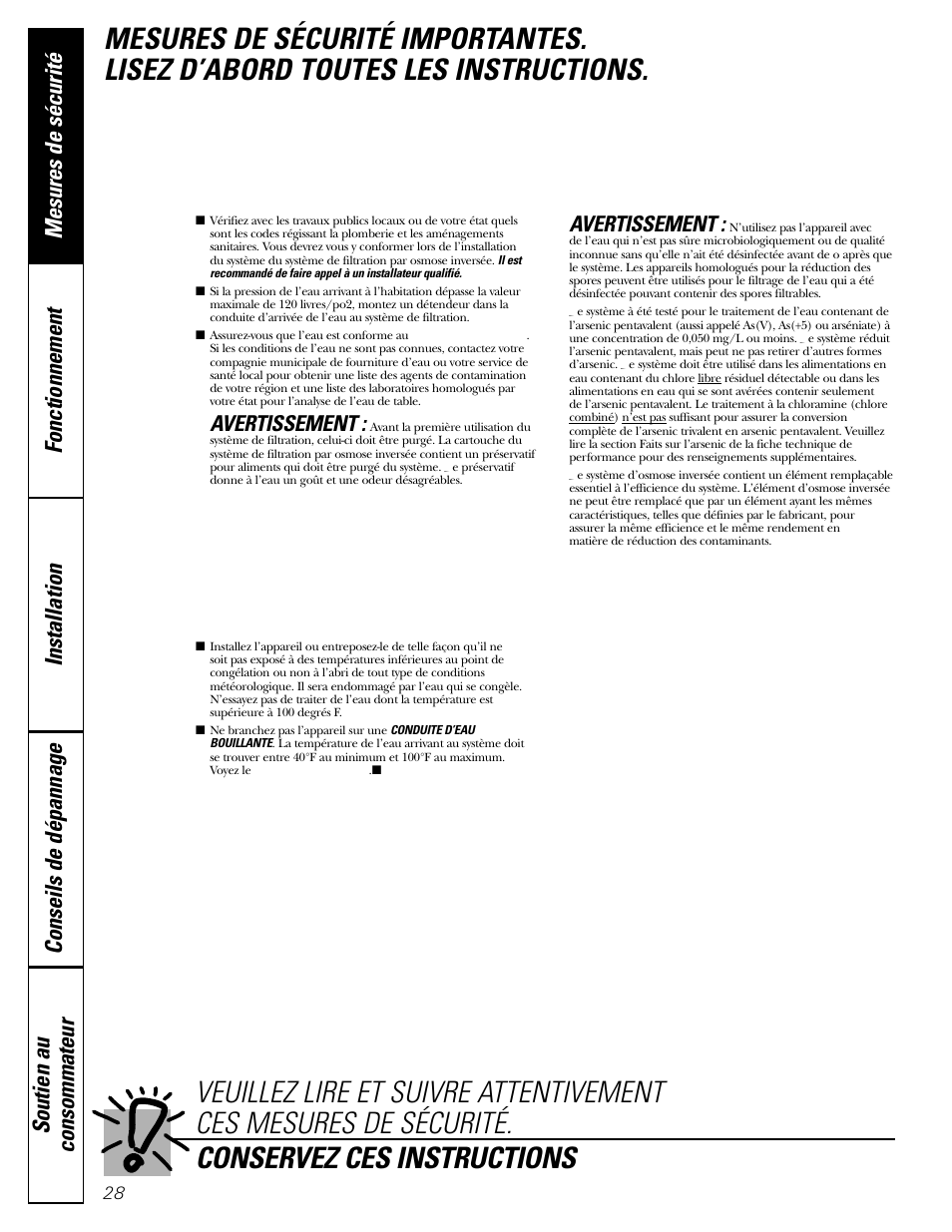 Mesures de sécurité, Avertissement | GE PNRQ20FRI User Manual | Page 28 / 84