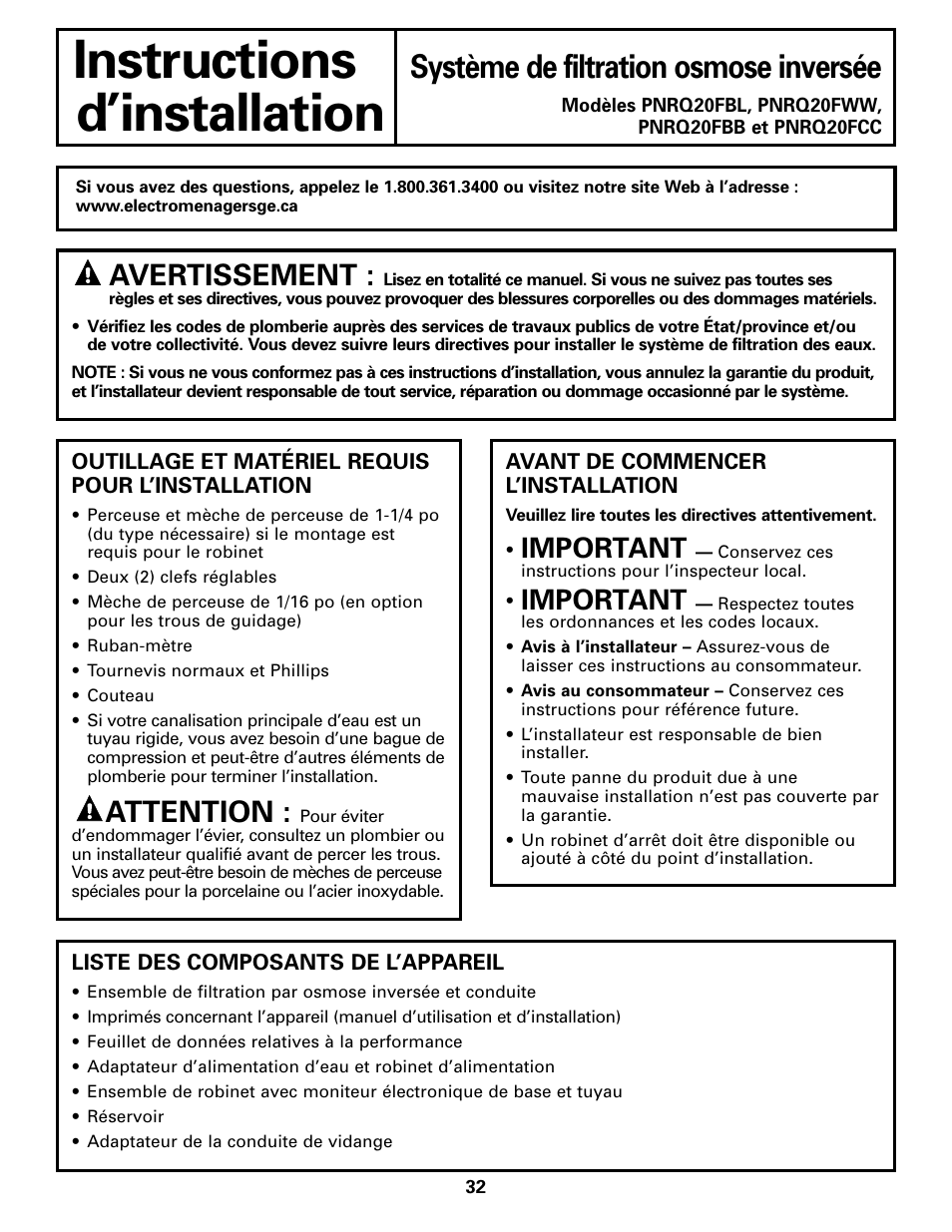 Avant de commencer l’installation, Outillage et matériel requis, Avant de commencer l’installation , 33 | Instructions, D’installation, Système de filtration osmose inversée, Attention, Avertissement, Important | GE PNRQ20FRI User Manual | Page 32 / 84