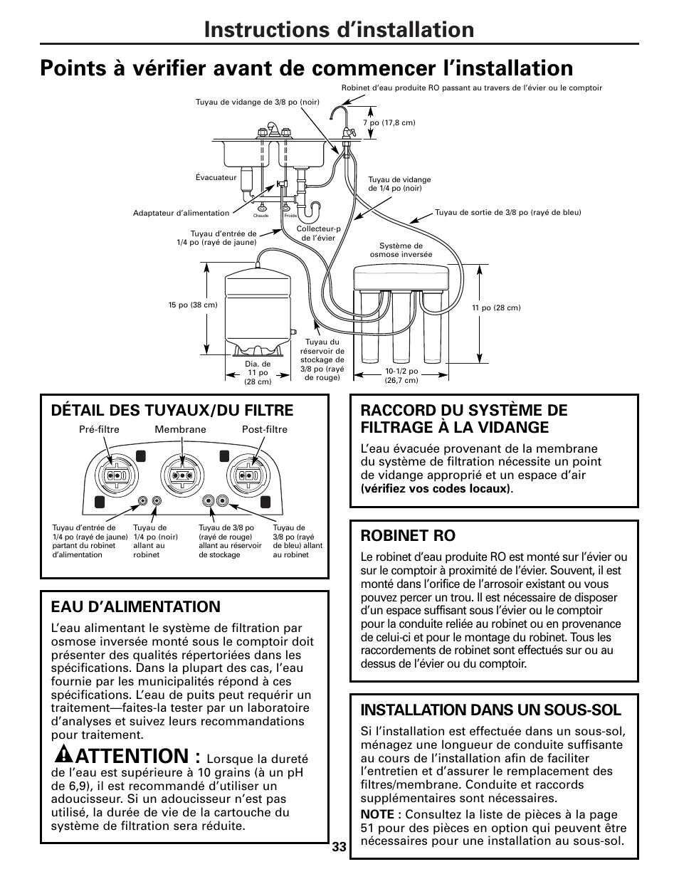 Attention, Eau d’alimentation, Raccord du système de filtrage à la vidange | Installation dans un sous-sol, Robinet ro, Détail des tuyaux/du filtre | GE PNRQ20FRI User Manual | Page 33 / 84