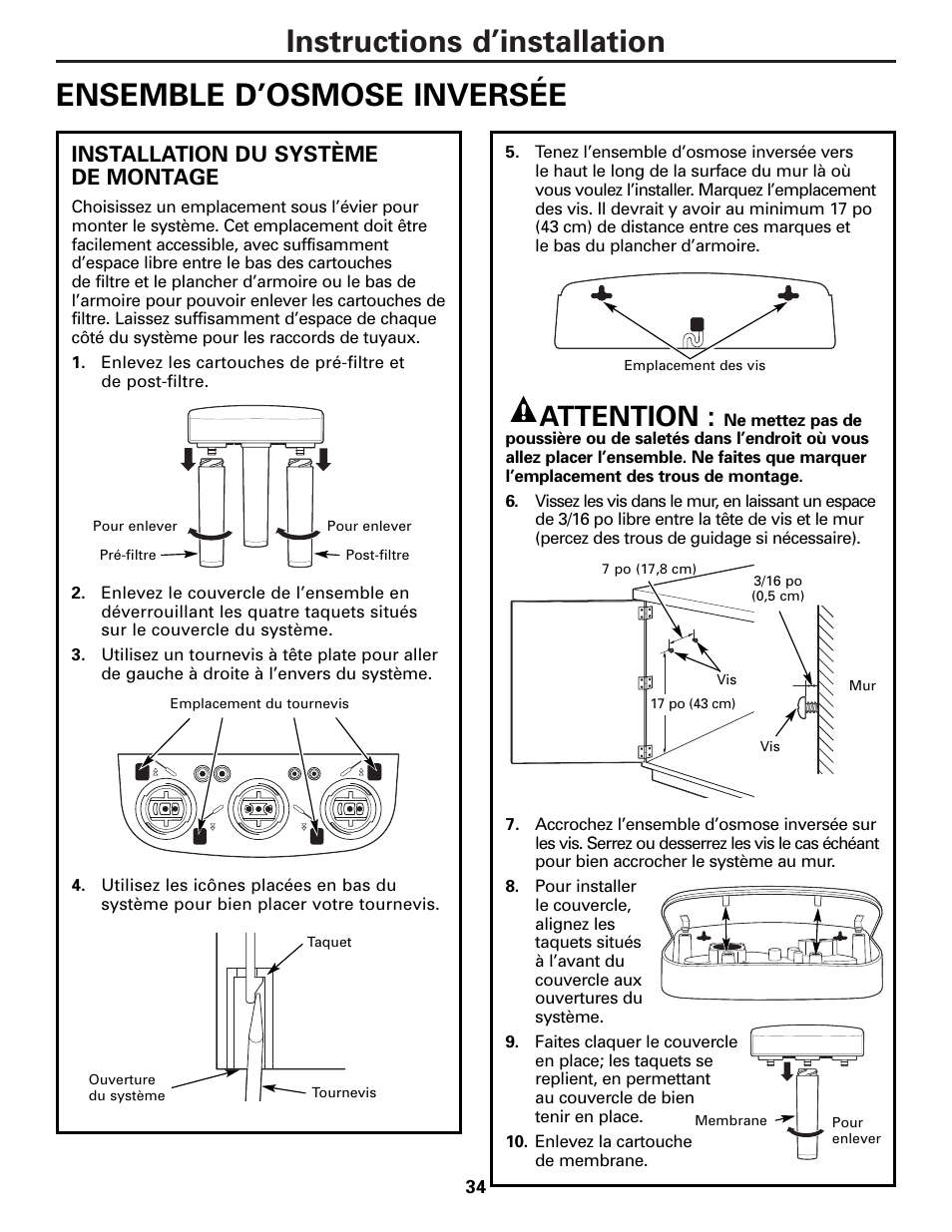 Installation du système de montage, Attention | GE PNRQ20FRI User Manual | Page 34 / 84