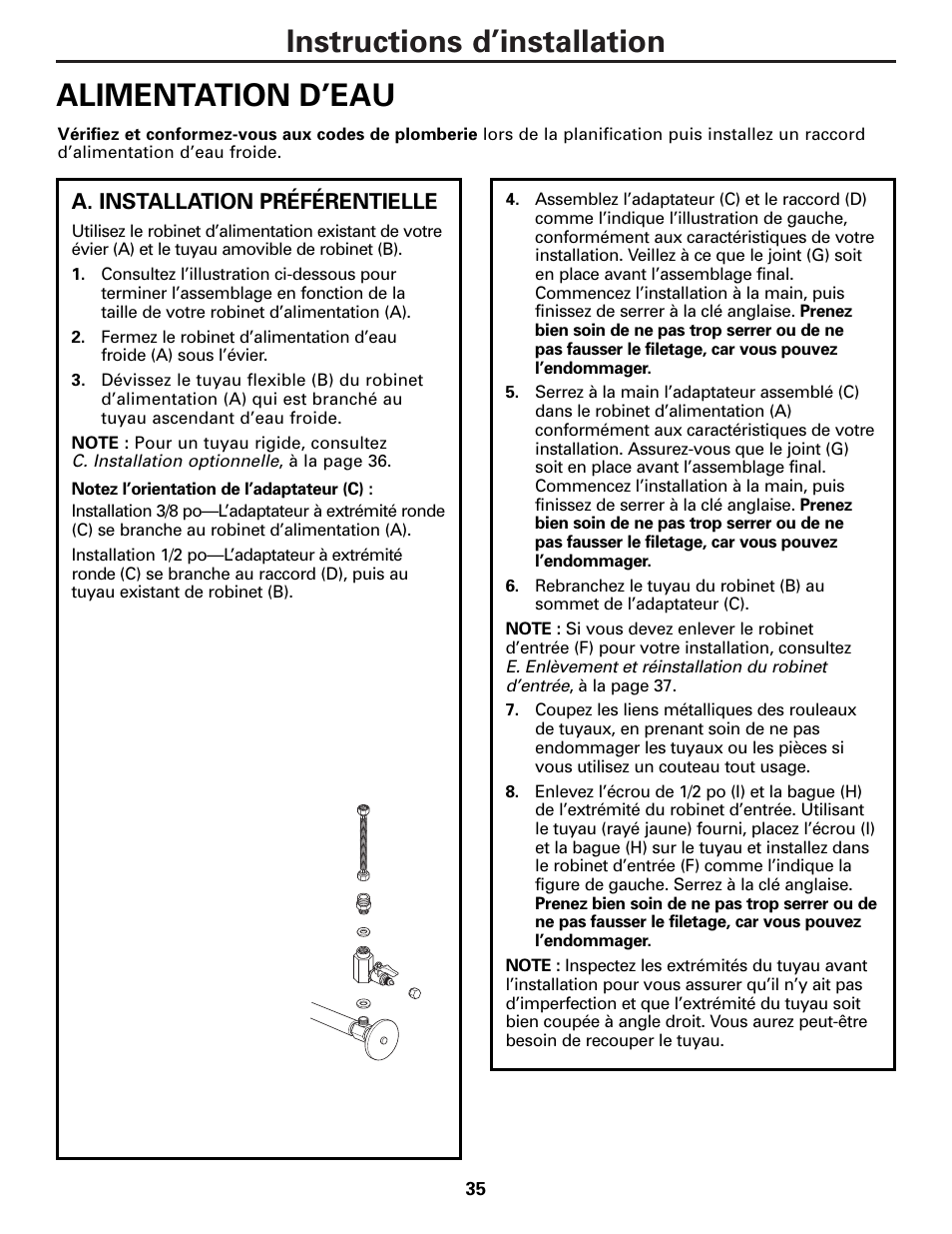 Alimentation d’eau, Alimentation d’eau –38, Instructions d’installation alimentation d’eau | GE PNRQ20FRI User Manual | Page 35 / 84