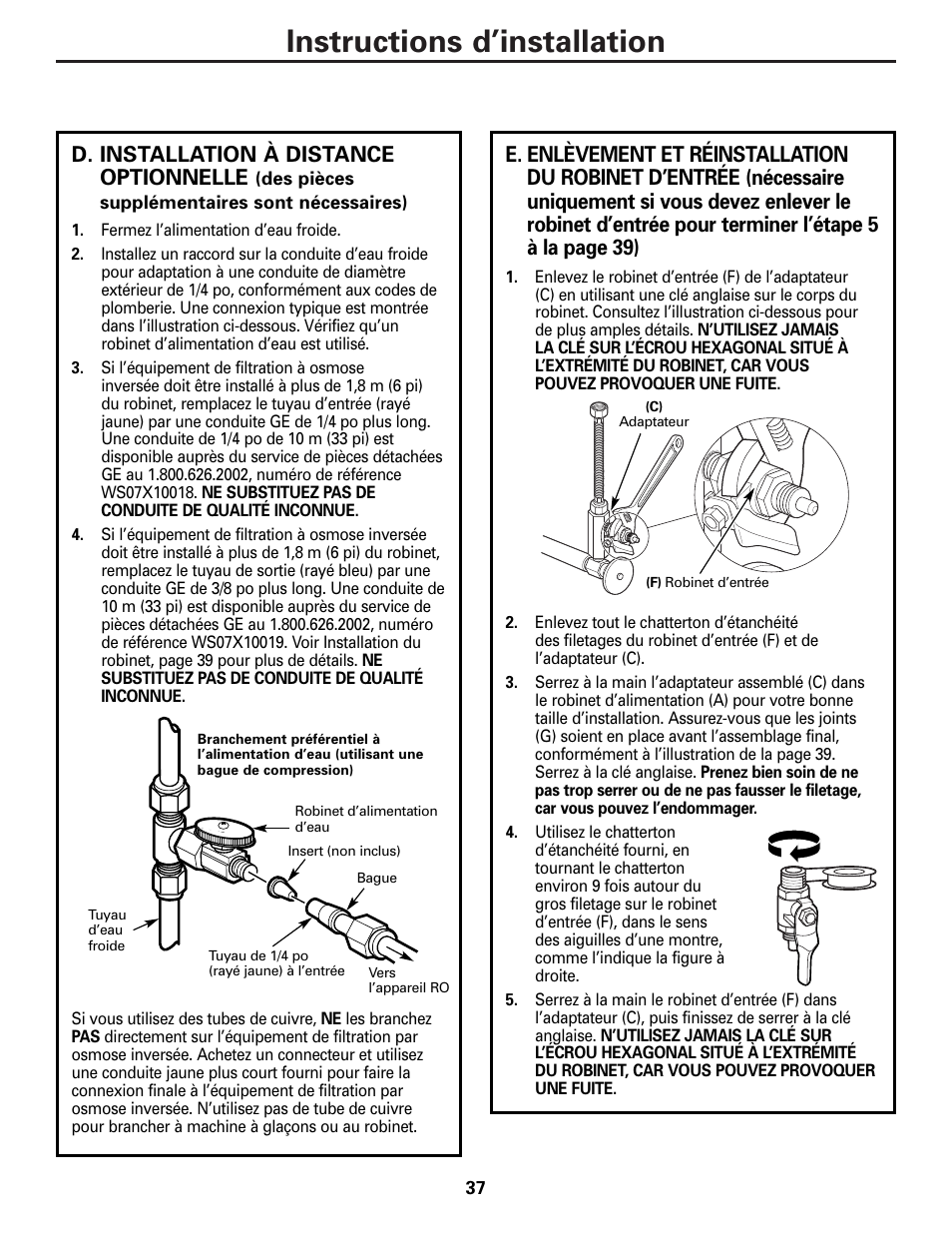 Instructions d’installation, D. installation à distance optionnelle | GE PNRQ20FRI User Manual | Page 37 / 84