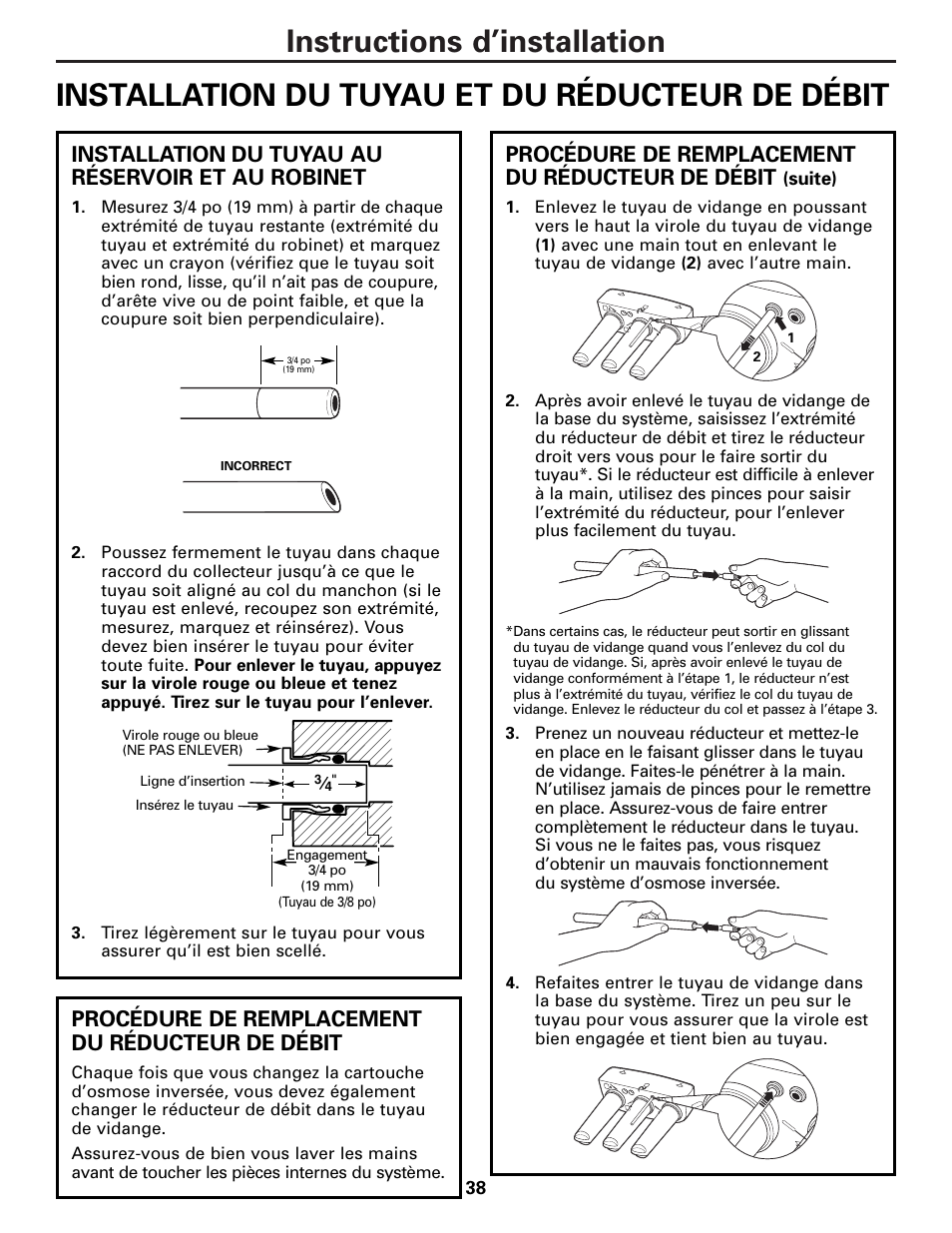 Installation du tuyau au réservoir et au robinet, Procédure de remplacement du réducteur de débit | GE PNRQ20FRI User Manual | Page 38 / 84