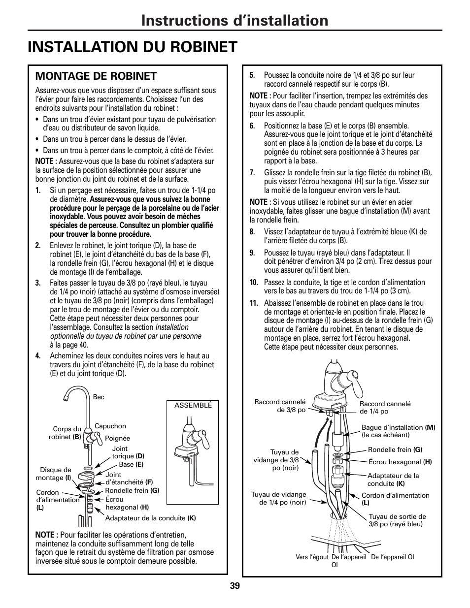 Installation du robinet, Installation du robinet , 40, Montage de robinet | GE PNRQ20FRI User Manual | Page 39 / 84