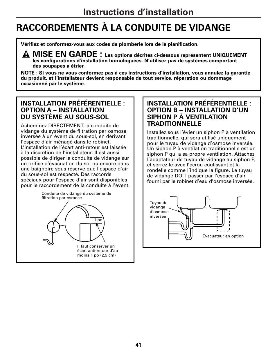 Raccordements à la conduite de vidange, Raccordements à la conduite de vidange , 42, Mise en garde | GE PNRQ20FRI User Manual | Page 41 / 84