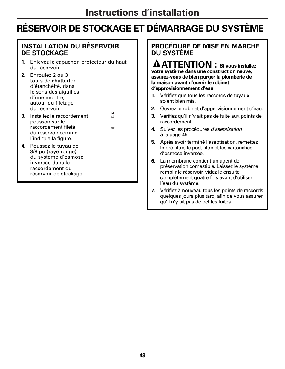 Réservoir de stockage et démarrage, Attention | GE PNRQ20FRI User Manual | Page 43 / 84