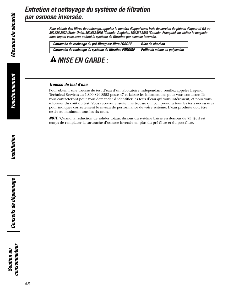 Trousse pour le test d’eau, Mise en garde | GE PNRQ20FRI User Manual | Page 46 / 84