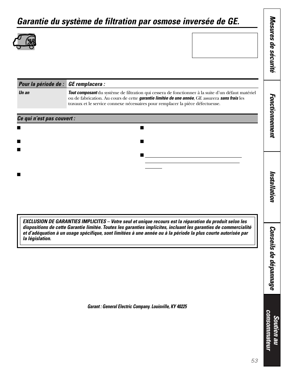 Garantie | GE PNRQ20FRI User Manual | Page 53 / 84