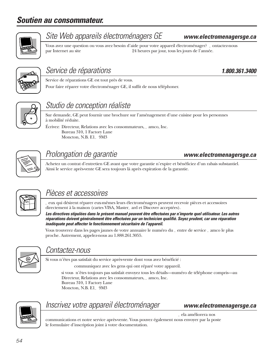 Soutien au consommateur, Service de réparations, Studio de conception réaliste | Prolongation de garantie, Pièces et accessoires, Contactez-nous, Inscrivez votre appareil électroménager | GE PNRQ20FRI User Manual | Page 54 / 84