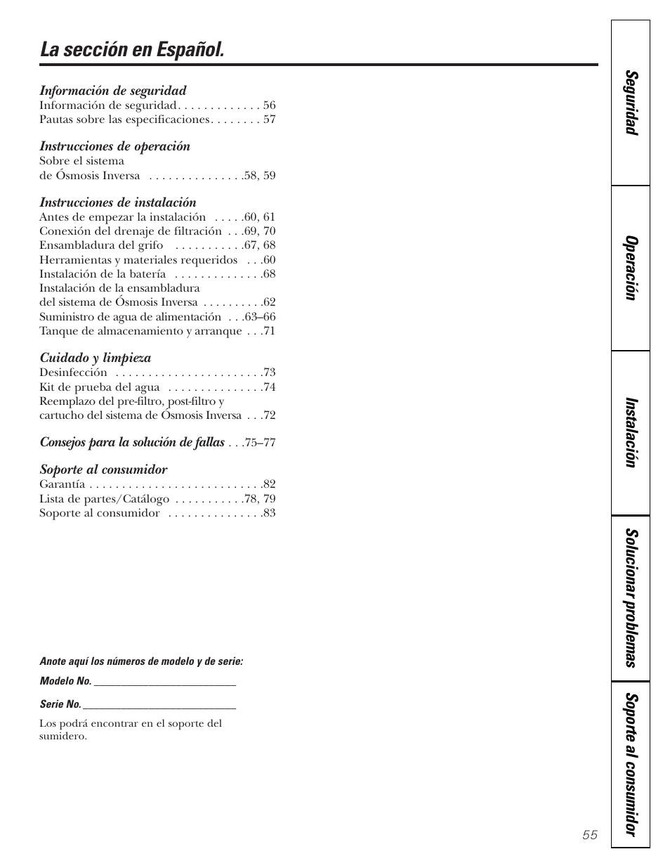 Español, Información de seguridad, Instrucciones de operación | Instrucciones de instalación, Cuidado y limpieza, Soporte al consumidor, La sección en español | GE PNRQ20FRI User Manual | Page 55 / 84