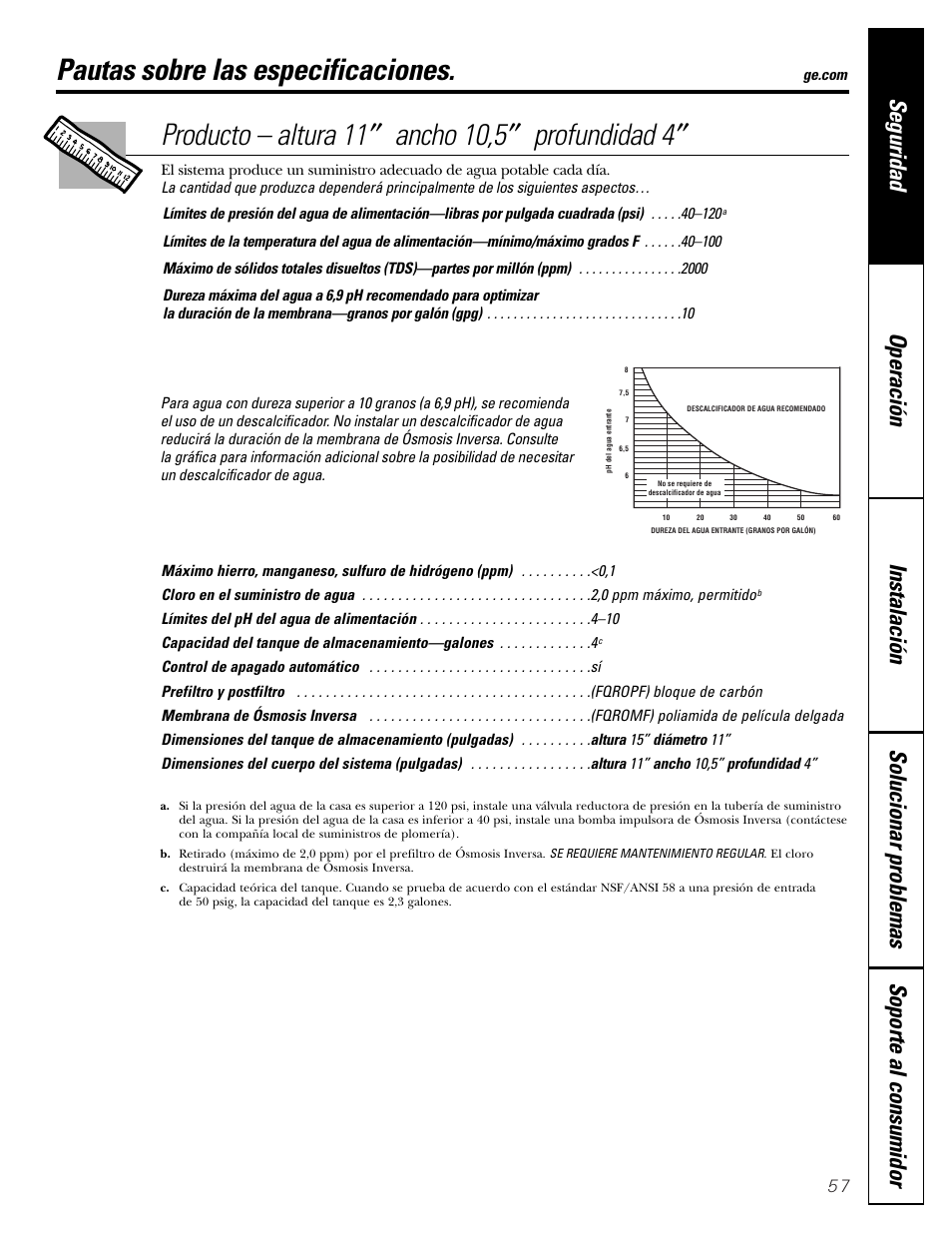 Pautas sobre las especificaciones | GE PNRQ20FRI User Manual | Page 57 / 84