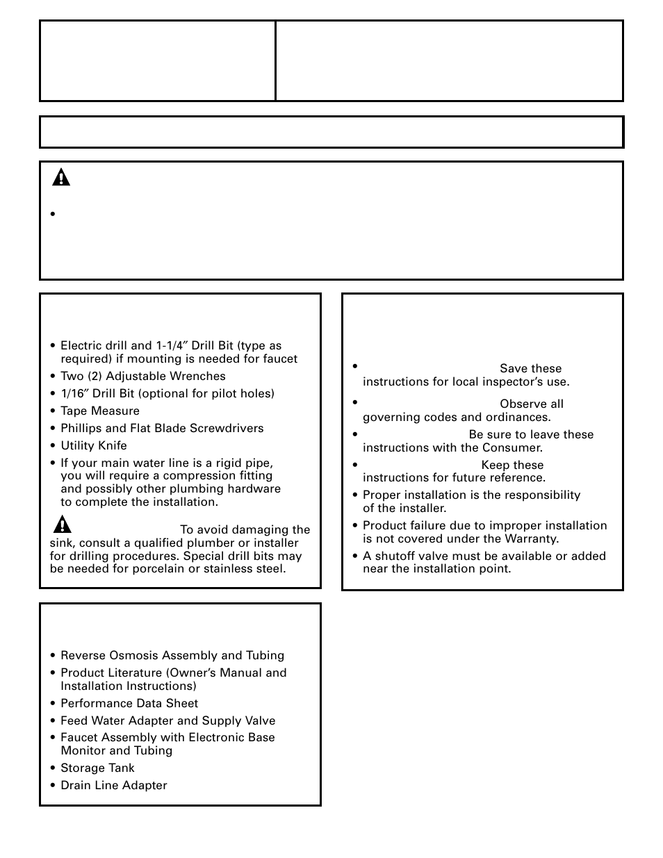 Tools and materials required, Before beginning installation, Installation | Instructions, Reverse osmosis filtration system, Caution, Warning, Important | GE PNRQ20FRI User Manual | Page 6 / 84