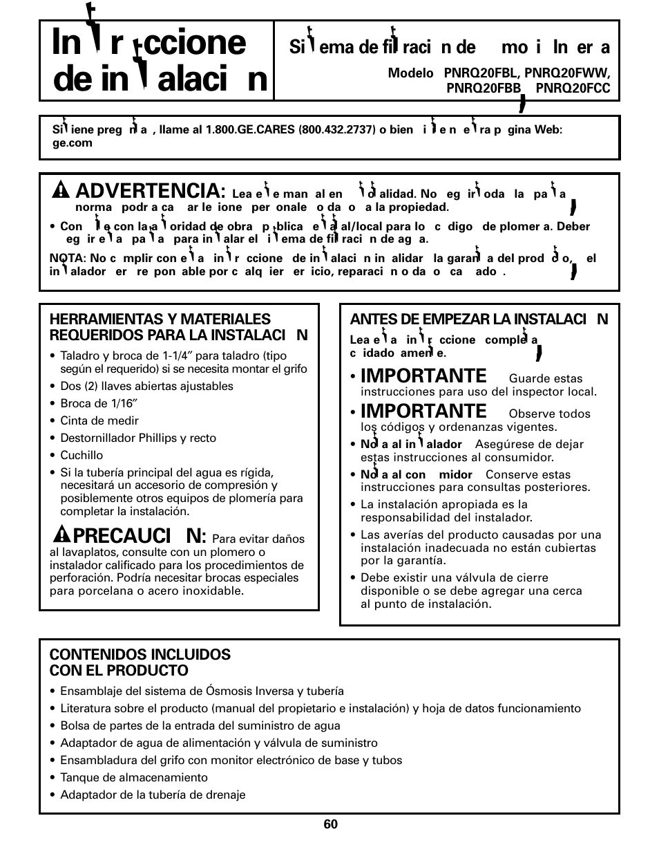 Antes de empezar la instalación, Herramientas y materiales requeridos, Antes de empezar la instalación , 61 | Instrucciones, De instalación, Precaución, Advertencia, Sistema de filtración de ósmosis inversa, Importante | GE PNRQ20FRI User Manual | Page 60 / 84