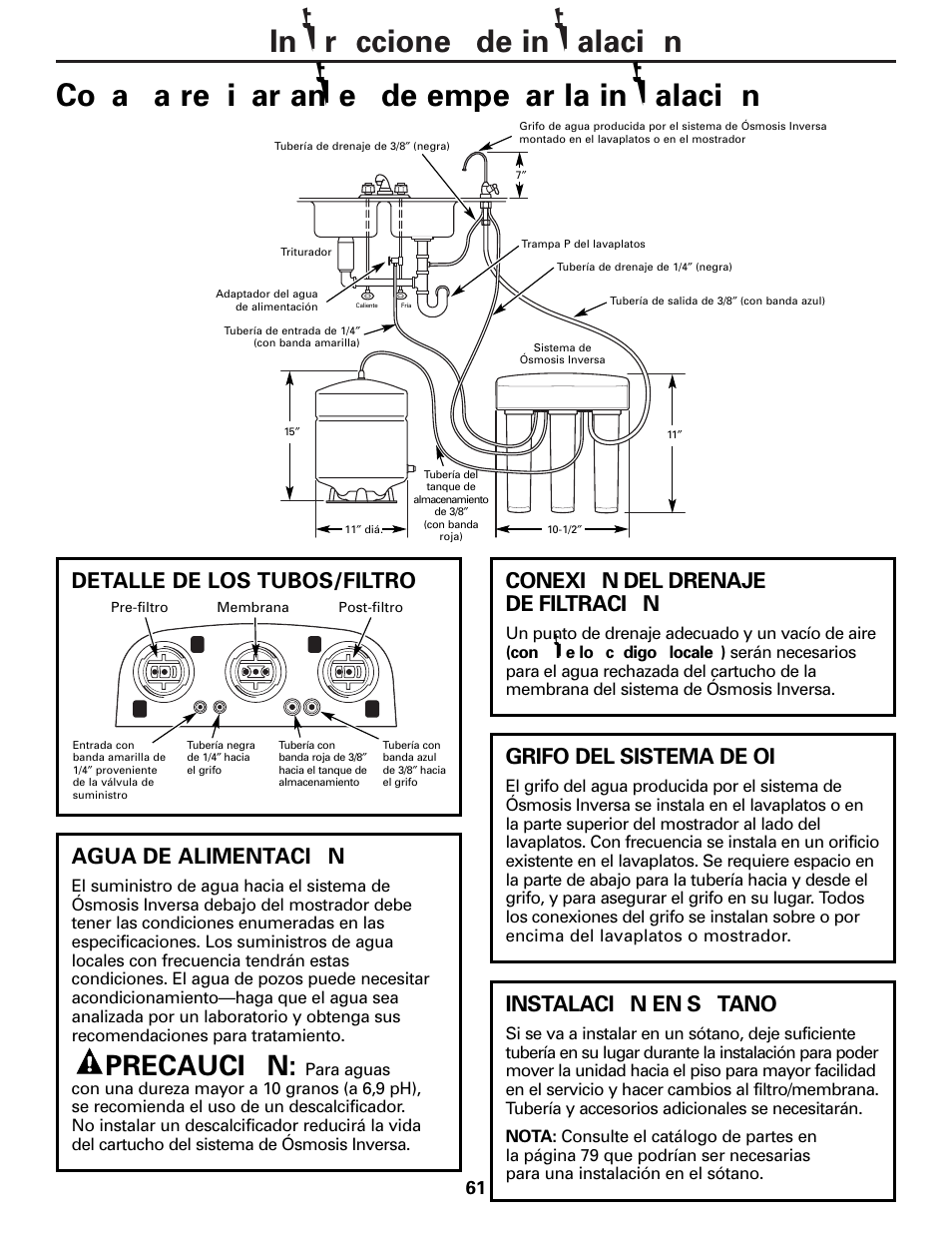 Precaución, Agua de alimentación, Conexión del drenaje de filtración | Instalación en sótano, Grifo del sistema de oi, Detalle de los tubos/filtro | GE PNRQ20FRI User Manual | Page 61 / 84