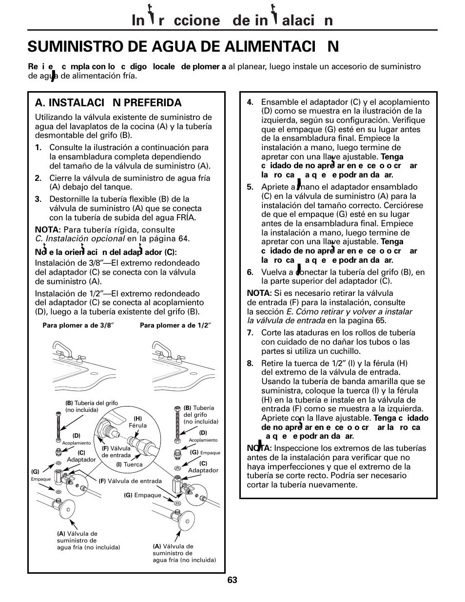 Suministro de agua de alimentación, Suministro de agua de alimentación –66, A. instalación preferida | GE PNRQ20FRI User Manual | Page 63 / 84