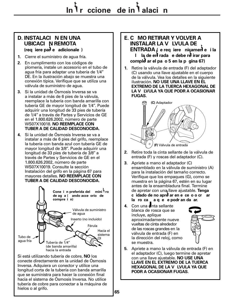 Instrucciones de instalación, D. instalación en una ubicación remota | GE PNRQ20FRI User Manual | Page 65 / 84