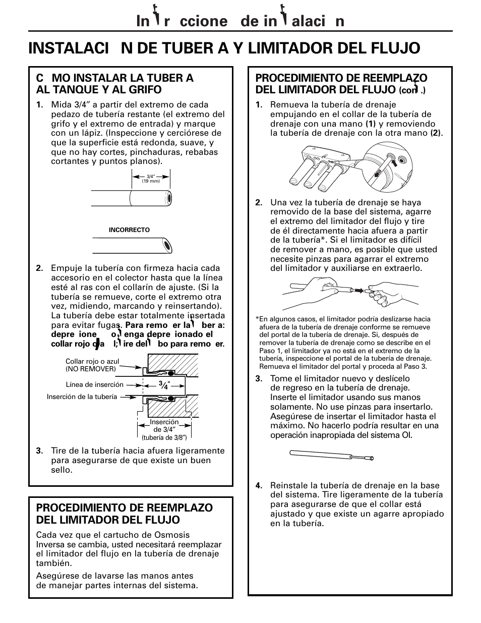 Cómo instalar la tubería al tanque y al grifo, Procedimiento de reemplazo del limitador del flujo | GE PNRQ20FRI User Manual | Page 66 / 84