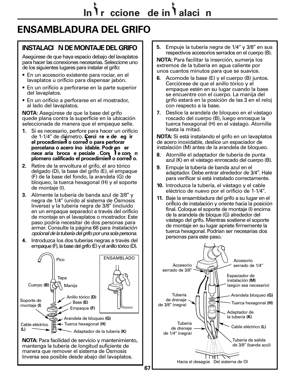 Ensambladura del grifo, Ensambladura del grifo , 68, Instalación de montaje del grifo | GE PNRQ20FRI User Manual | Page 67 / 84