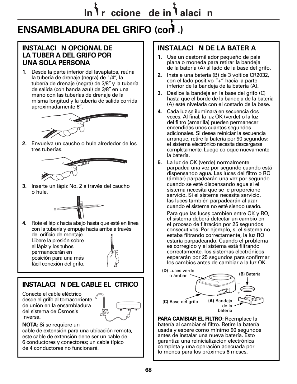 Instalación de la batería, Instalación del cable eléctrico | GE PNRQ20FRI User Manual | Page 68 / 84