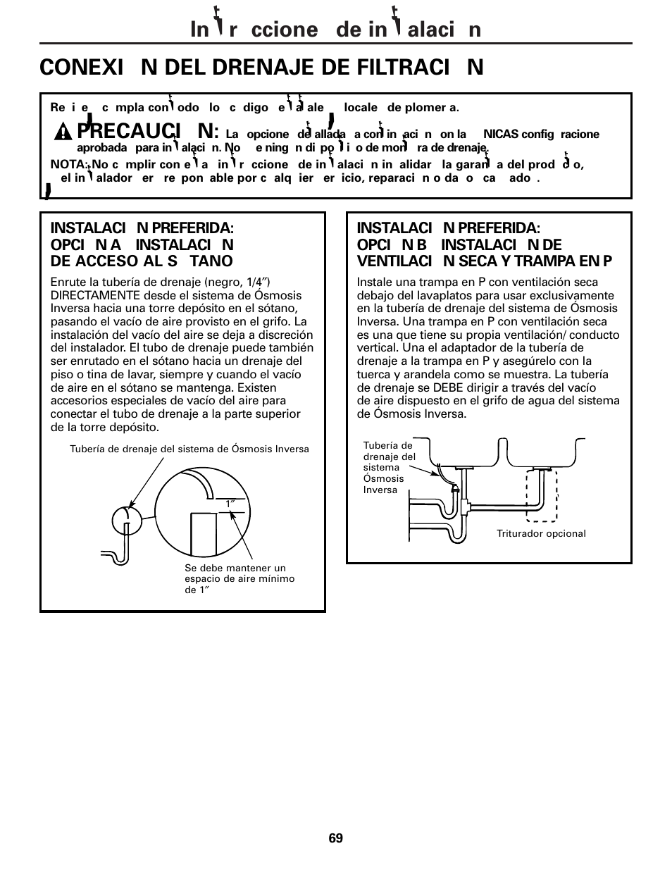 Conexión del drenaje de filtración, Conexión del drenaje de filtración , 70, Precaución | GE PNRQ20FRI User Manual | Page 69 / 84