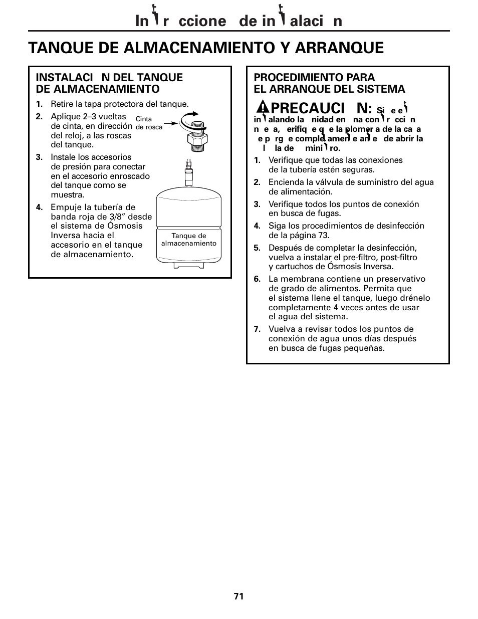 Tanque de almacenamiento y arranque, Precaución | GE PNRQ20FRI User Manual | Page 71 / 84