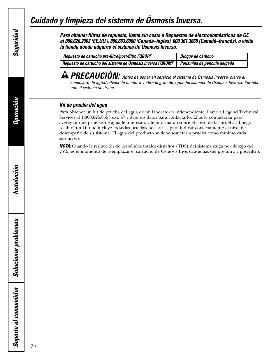 Kit de prueba del agua, Cuidado y limpieza del sistema de ósmosis inversa, Precaución | GE PNRQ20FRI User Manual | Page 74 / 84