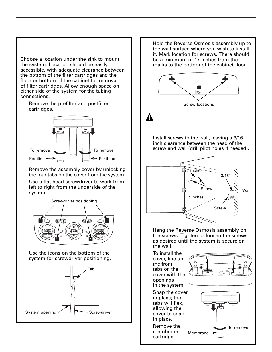 Mounting system installation, Installation instructions reverse osmosis assembly, Caution | GE PNRQ20FRI User Manual | Page 8 / 84