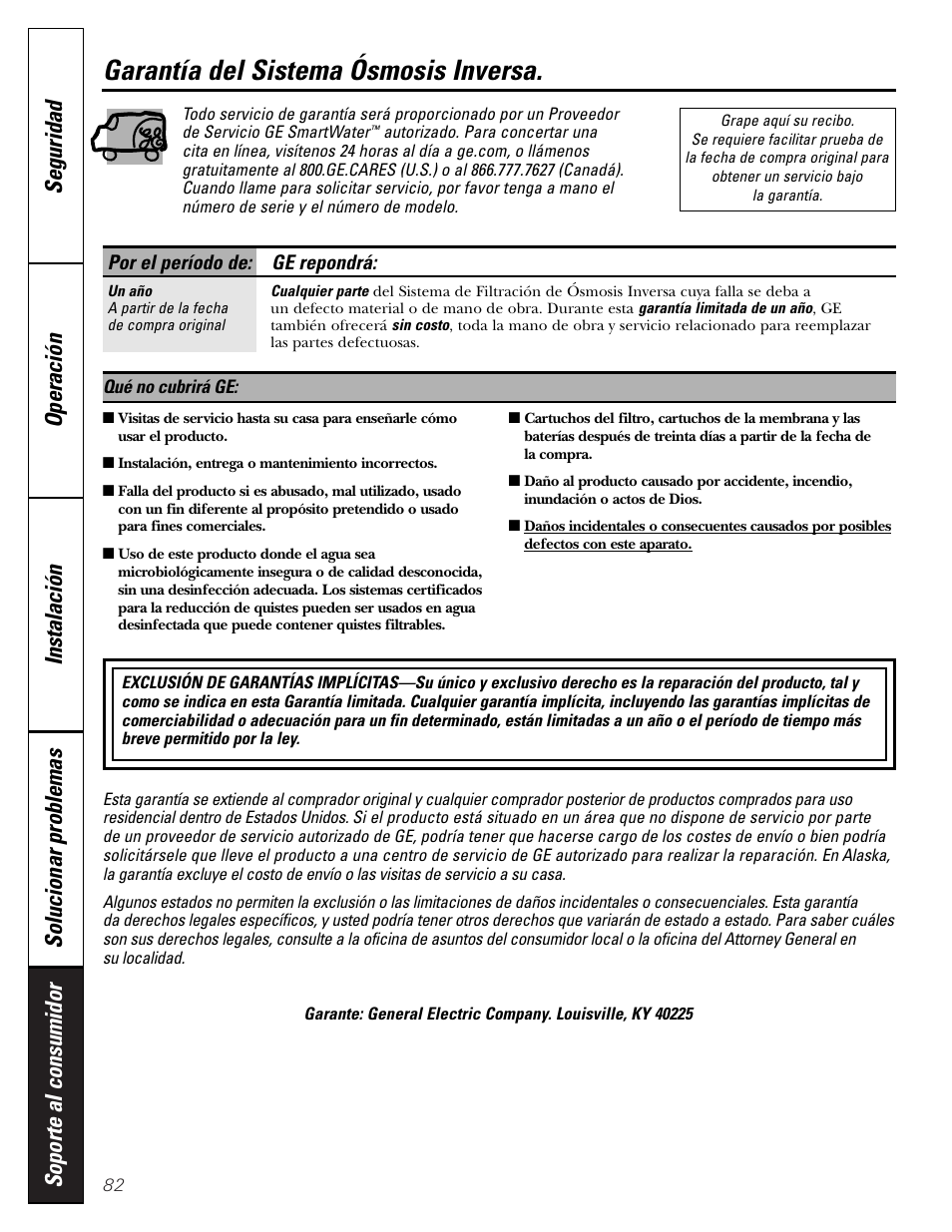 Garantía, Garantía del sistema ósmosis inversa | GE PNRQ20FRI User Manual | Page 82 / 84