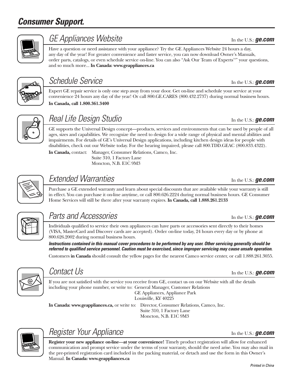 Consumer support, Consumer support . . . . .back cover, Consumer support. ge appliances website | Schedule service, Real life design studio, Extended warranties, Parts and accessories, Contact us, Register your appliance | GE PNRQ20FRI User Manual | Page 84 / 84