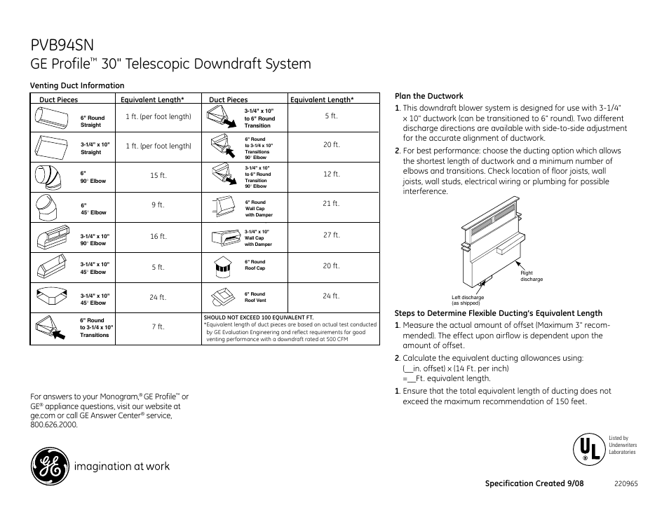 Pvb94sn, 30" telescopic downdraft system, For answers to your monogram | Ge profile, Or ge, Specification created 9/08 | GE Profile PVB94SNSS User Manual | Page 2 / 3