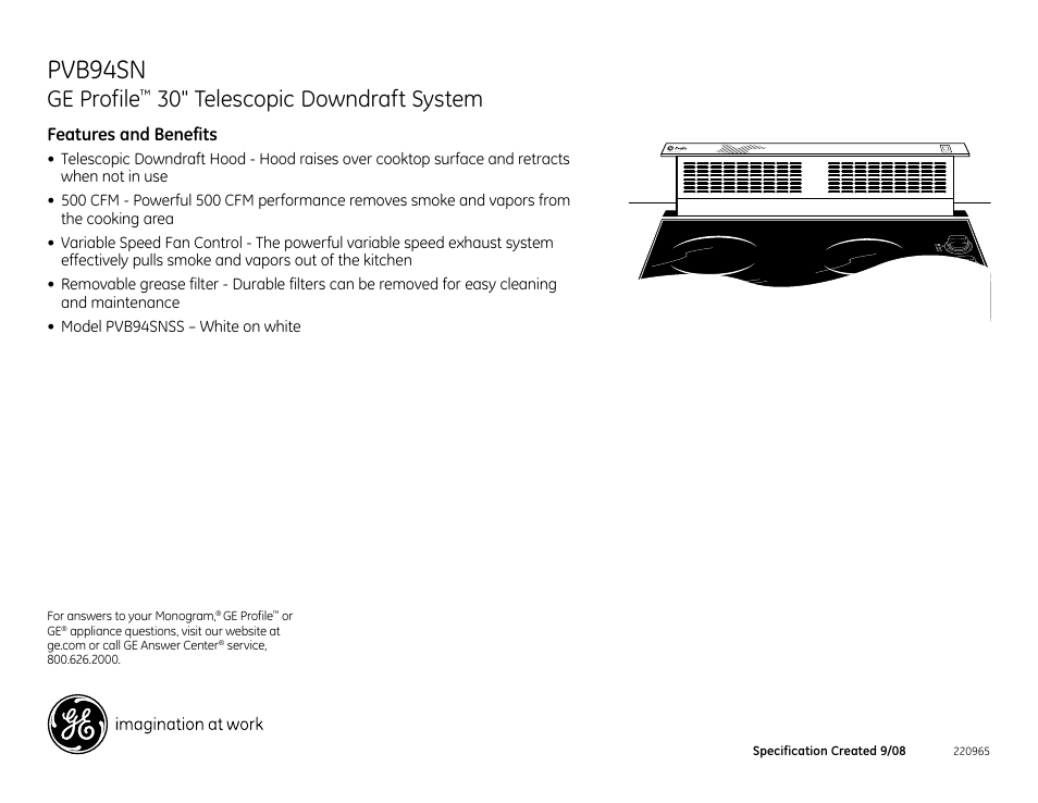 Pvb94sn, Ge profile, 30" telescopic downdraft system | Pvb94snss, Features and benefits | GE Profile PVB94SNSS User Manual | Page 3 / 3