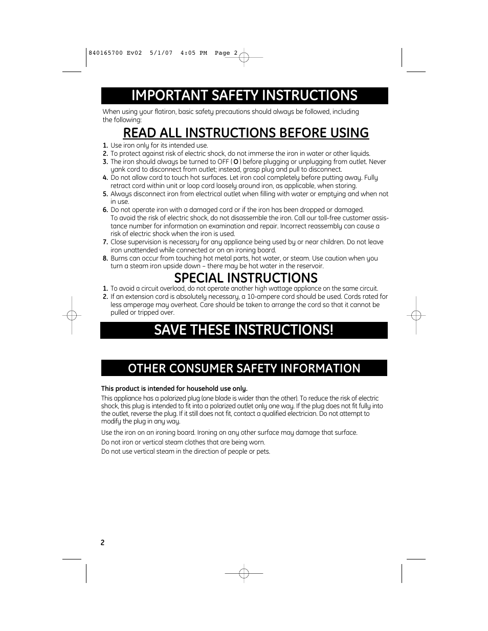 Read all instructions before using, Special instructions, Other consumer safety information | GE 169194 User Manual | Page 2 / 8