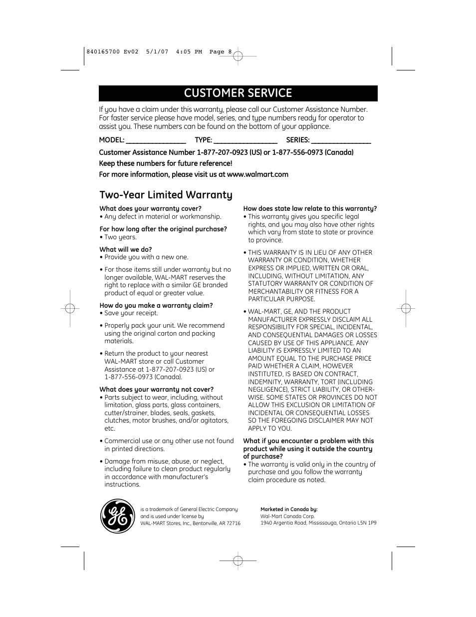 Customer service, Two-year limited warranty | GE 169194 User Manual | Page 8 / 8
