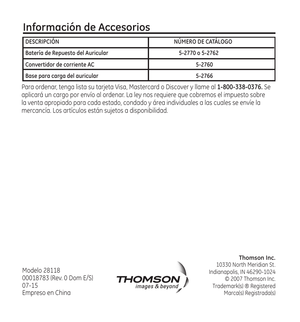 Información de accesorios | GE 28118 User Manual | Page 104 / 104