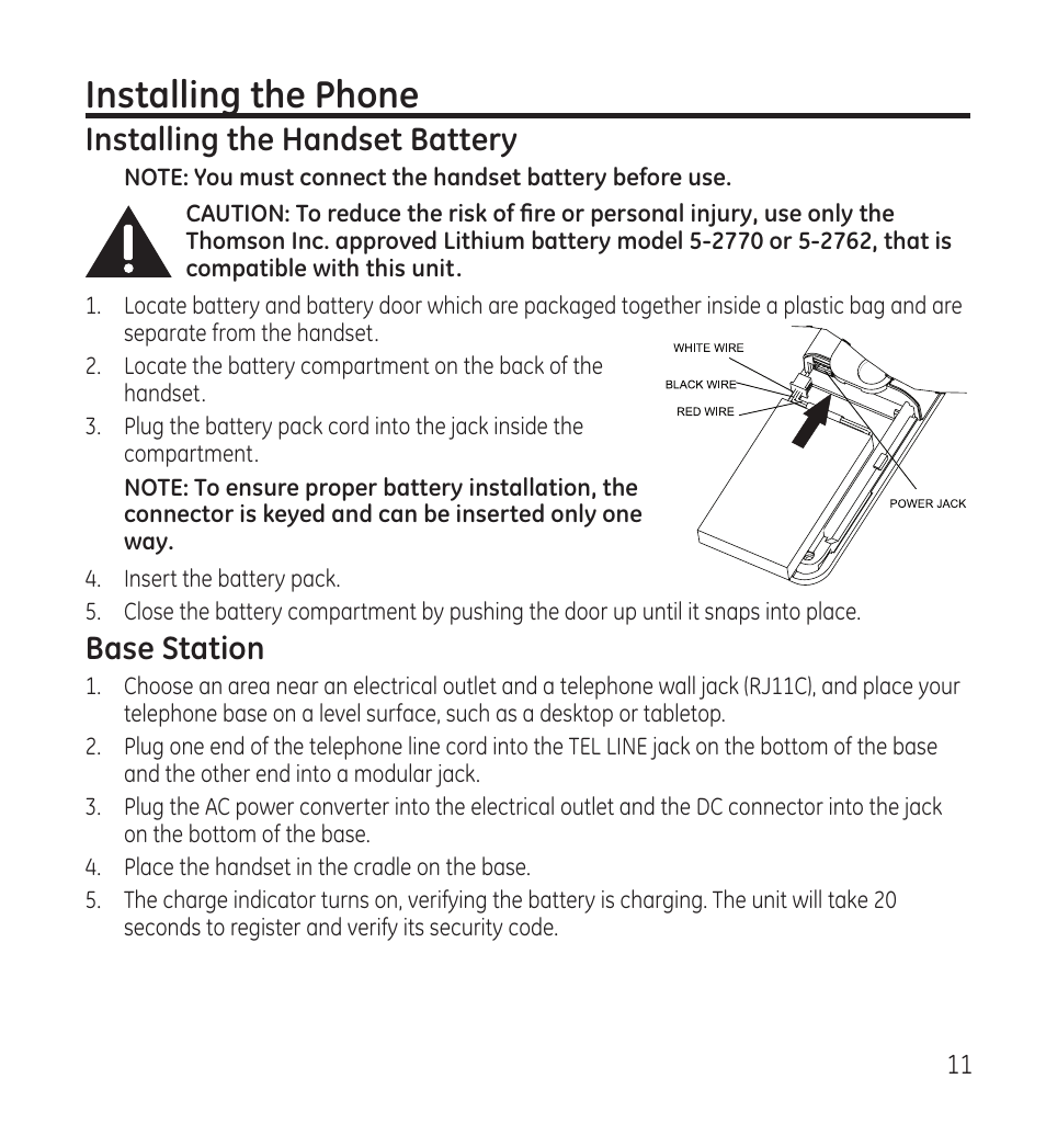 Installing the phone, Installing the handset battery, Base station | GE 28118 User Manual | Page 11 / 104