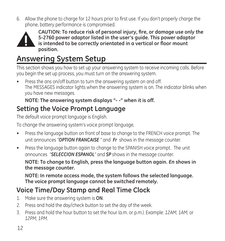 Answering system setup, Setting the voice prompt language, Voice time/day stamp and real time clock | GE 28118 User Manual | Page 12 / 104