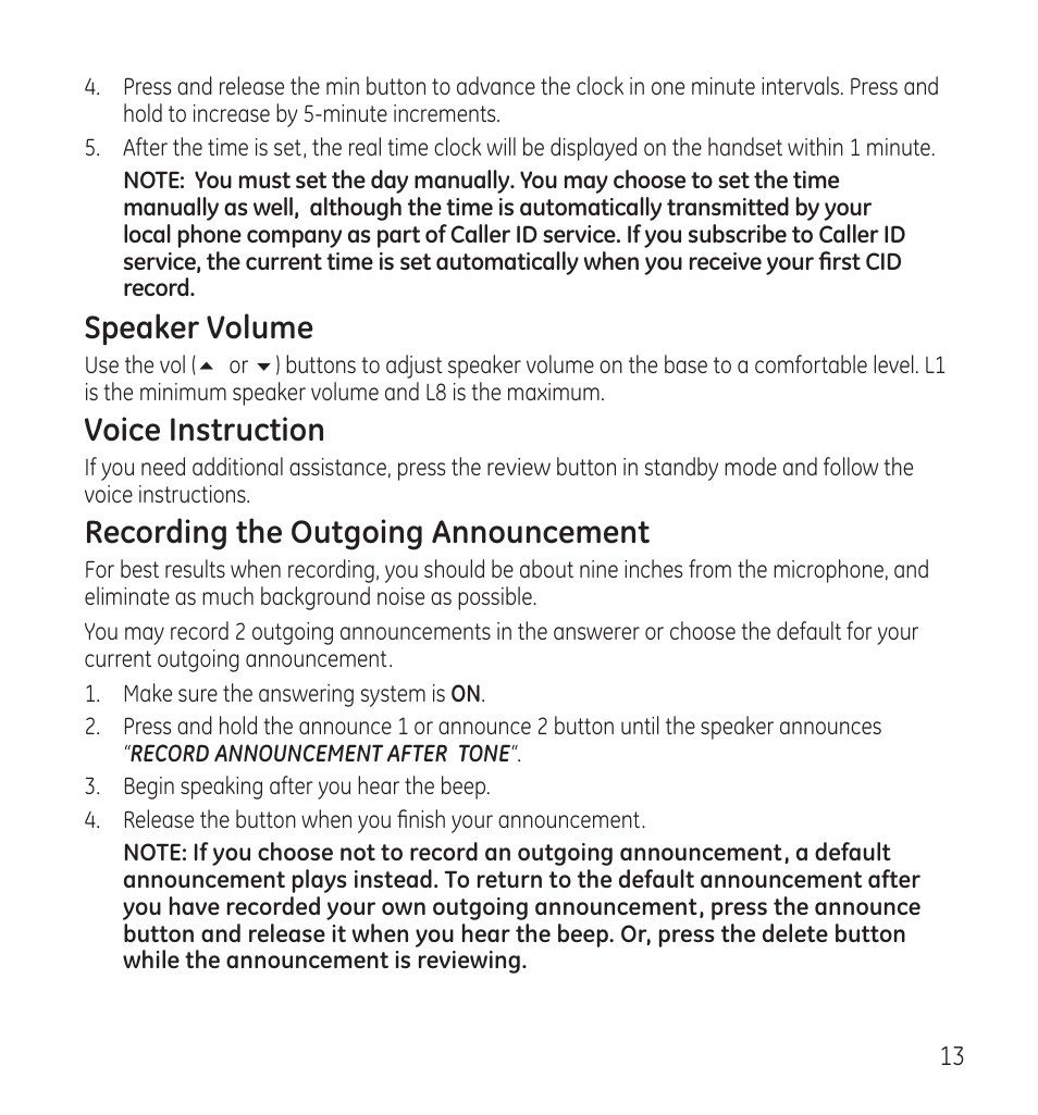 Speaker volume, Voice instruction, Recording the outgoing announcement | GE 28118 User Manual | Page 13 / 104